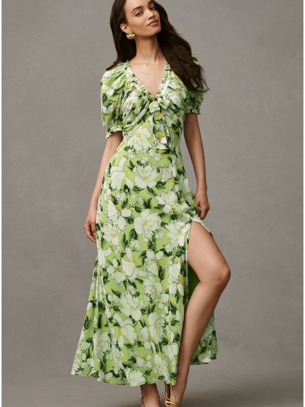 Anthropologie BHLDN Light Green Floral Puff Sleeve V-Neck Maxi Dress NWT